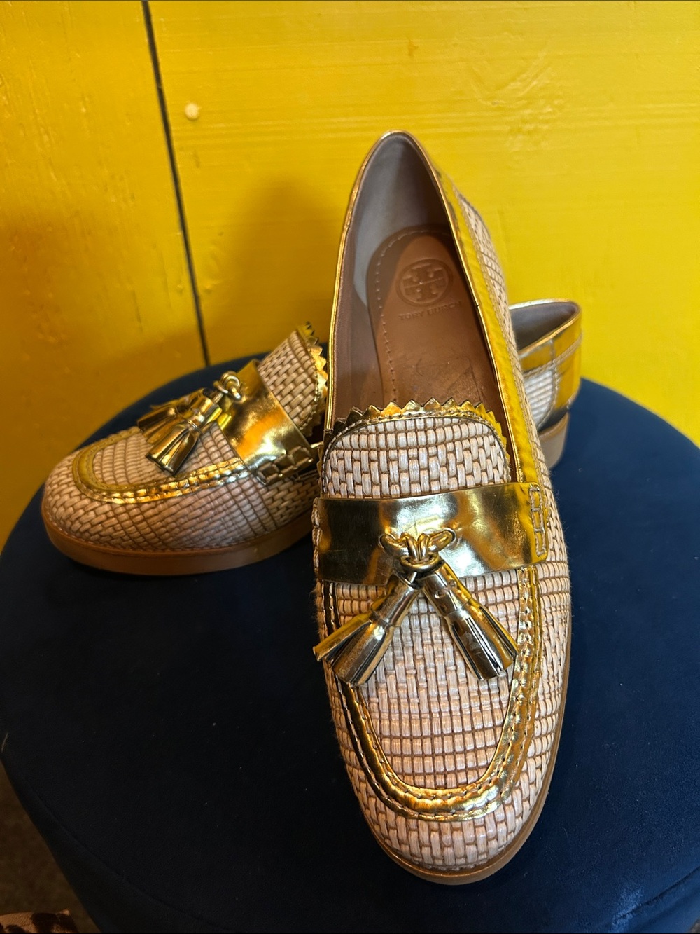 Tory Burch Gold Metallic Tassel Woven Loafers